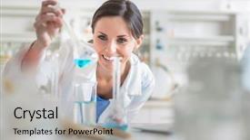  Presentation with lab - Slide deck having cute physics - young female researcher carrying background and a light gray colored foreground