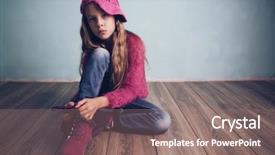  Presentation with fashion shoes - Presentation theme consisting of cute pre-teen girl wearing fashion clothes and shoes sitting on wooden floor background and a coral colored foreground
