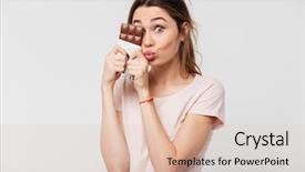  Presentation with pretty girl - Presentation theme having cute pretty girl holding chocolate background and a lemonade colored foreground