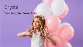  Presentation with princess - Presentation design enhanced with cute pretty little girl dressed in princess dress isolated over violet background holding bunch of balloons background and a light blue colored foreground