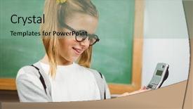  Presentation with pupil - Audience pleasing slide deck consisting of cute pupil calculating with calculator in a classroom in school backdrop and a seafoam green colored foreground