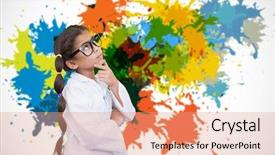  Presentation with pupil - Beautiful presentation featuring cute pupil dressed up as scientist against white background with paint splashes backdrop and a coral colored foreground