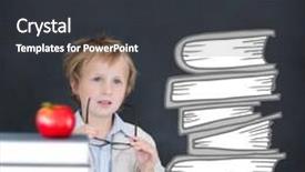  Presentation with pupil - Cool new presentation theme with cute pupil holding glasses against red apple on pile of books backdrop and a dark gray colored foreground