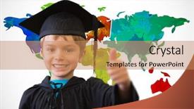  Presentation with world map - Beautiful presentation theme featuring cute pupil in graduation robe backdrop and a coral colored foreground
