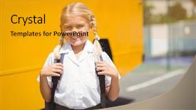 Presentation with school bus - Slides featuring cute pupil smiling at camera by the school bus outside the elementary school background and a gold colored foreground