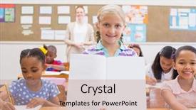  Presentation with elementary school - Cool new slides with cute pupil smiling at camera during class presentation at the elementary school backdrop and a coral colored foreground