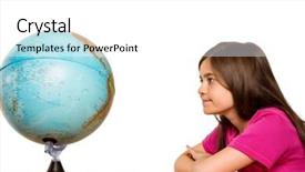  Presentation with pupil - Presentation design having cute pupil smiling at globe on white background background and a white colored foreground