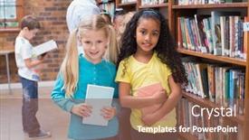  Presentation with elementary - Cool new presentation with cute pupils and teacher looking for books in library at the elementary school backdrop and a violet colored foreground