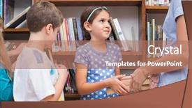  Presentation with elementary - Beautiful presentation theme featuring cute pupils and teacher looking for books in library at the elementary school backdrop and a coral colored foreground