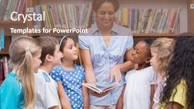  Presentation with pupils reading - Beautiful slide set featuring cute pupils and teacher reading book in library at the elementary school backdrop and a violet colored foreground
