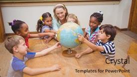  Presentation with elementary - Cool new slides with cute pupils and teacher in classroom with globe at the elementary school backdrop and a coral colored foreground