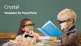  Presentation with teachers - Presentation theme having cute pupils dressed up as teachers in classroom at the elementary school background and a gray colored foreground