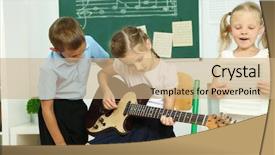  Presentation with music school - Beautiful slide deck featuring cute pupils having music lesson backdrop and a coral colored foreground