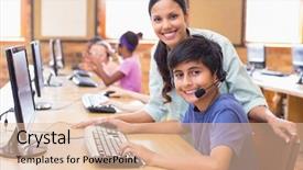  Presentation with school elementary - Presentation theme having cute pupils in computer class background and a lemonade colored foreground