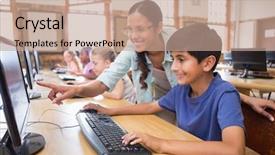  Presentation with african american in computer class business - Slide deck with cute pupils in computer class background and a coral colored foreground