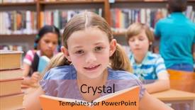  Presentation with pupils reading - Beautiful presentation theme featuring cute pupils reading in library at the elementary school backdrop and a coral colored foreground