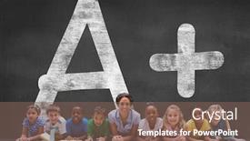  Presentation with black teacher - Colorful presentation enhanced with cute pupils smiling at camera with teacher against black wall with a plus grade backdrop and a violet colored foreground