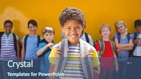  Presentation with school bus - Cool new slides with cute pupils smiling at camera by the school bus outside the elementary school backdrop and a ocean colored foreground