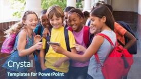  Presentation with elementary - Slide set featuring cute pupils using mobile phone background and a ocean colored foreground