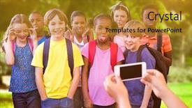  Presentation with cute - Slides having cute-pupils-using-mobile-phone background and a gold colored foreground