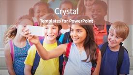  Presentation with phone - PPT theme featuring cute pupils using mobile phone background and a coral colored foreground