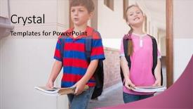  Presentation with school elementary - Presentation theme with cute pupils walking into classroom background and a coral colored foreground