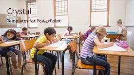  Presentation with school desk - Beautiful slide deck featuring cute pupils writing at desk backdrop and a lemonade colored foreground