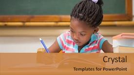  Presentation with school desk - Audience pleasing slide deck consisting of cute pupils writing at desk backdrop and a gold colored foreground