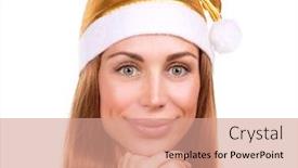  Presentation with christmas party - PPT theme with cute santa woman portrait pretty female wearing golden shiny festive hat isolated on white background christmas party concept background and a coral colored foreground