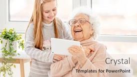 Presentation with gadget - Cool new presentation design with cute school girl helping old lady with gadget in light room backdrop and a lemonade colored foreground