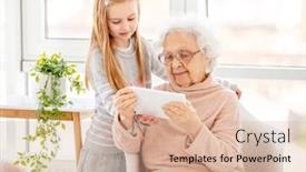  Presentation with gadget - Presentation theme having cute-school-girl-helping-old background and a lemonade colored foreground