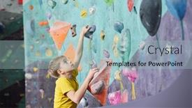  Presentation with upwards - PPT theme enhanced with cute schoolboy in activewear looking upwards while practicing climbing on special equipment indoors background and a light blue colored foreground