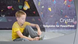  Presentation with club training - Presentation design consisting of cute schoolboy in activewear sitting on the floor in sports club and tying shoelace on sneaker before training background and a gray colored foreground