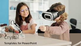  Presentation with robotics - PPT theme enhanced with cute-schoolboy-in-vr-headset background and a  colored foreground