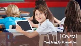  Presentation with classmates - Cool new slides with cute schoolboy with digital backdrop and a tawny brown colored foreground