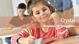  Presentation with class - Slides with cute schoolgirl in class writing background and a coral colored foreground