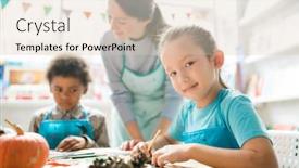  Presentation with classmates - Slide deck having cute schoolgirl looking at you while sitting by desk on background of teacher and one of classmates background and a lemonade colored foreground