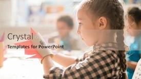  Presentation with paper making - PPT layouts enhanced with cute schoolgirl with rolled paper sitting by desk and making scary halloween toy at lesson among classmates background and a lemonade colored foreground