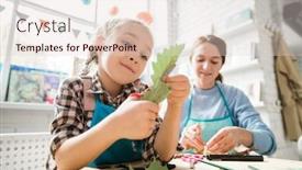  Presentation with dry - Amazing presentation design having cute schoolgirl with scissors cutting dry oak leaf while helping her teacher with decorations for holiday at lesson backdrop and a lemonade colored foreground