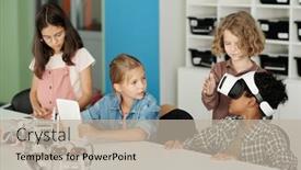  Presentation with tablet - Slide set featuring cute-schoolgirl-with-tablet-looking background and a  colored foreground