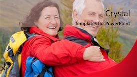  Presentation with hiking - Colorful PPT layouts enhanced with cute seniorcouple hiking in an autumn mountainlandscape backdrop and a coral colored foreground