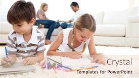  Presentation with siblings - PPT theme with cute siblings drawing lying on the floor in the living room background and a lemonade colored foreground