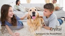  Presentation with siblings - PPT layouts consisting of cute siblings stroking dog on rug while parents relaxing on sofa at home background and a soft green colored foreground