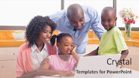  Presentation with siblings - Presentation design with cute siblings using laptop together with parents at home in the kitchen background and a coral colored foreground