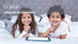  Presentation with siblings - Audience pleasing slide deck consisting of cute siblings using tablet on the bed at home backdrop and a gray colored foreground