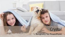  Presentation with siblings - Colorful PPT layouts enhanced with cute siblings with dog backdrop and a coral colored foreground