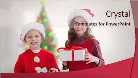  Presentation with siblings - Presentation theme with cute siblings with gifts against blurry christmas tree in room background and a lemonade colored foreground