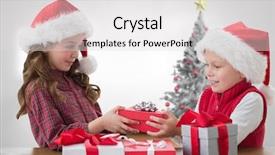  Presentation with siblings - Audience pleasing presentation consisting of cute siblings with gifts against christmas tree in bright room backdrop and a light gray colored foreground
