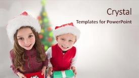  Presentation with siblings - Theme having cute siblings with gifts against blurry christmas tree in room background and a sky blue colored foreground