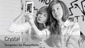  Presentation with smart home - Beautiful PPT theme featuring cute sisters pouting while taking photos with smart phone at home backdrop and a light gray colored foreground